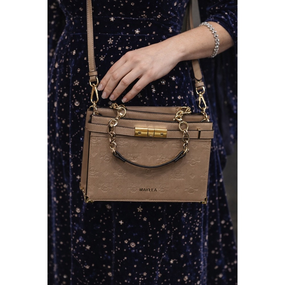 Maylea‎ Monogram Embossed Crossbody Satchel Bag Tan Gold Hardware
